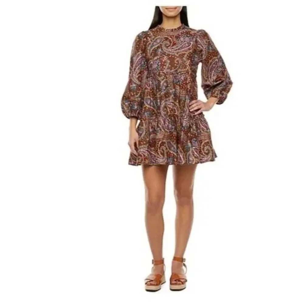 ANA A NEW APPROACH Paisley Dress XL NWT Cotton Tiered Ruffle Puff Sleeve Brown